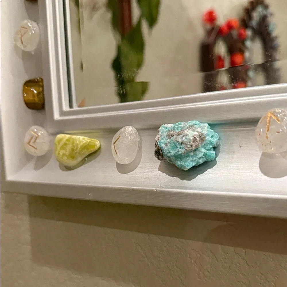 One-of-a-Kind Rune Stone & Gemstone Mirror | Handcrafted & Upcycled